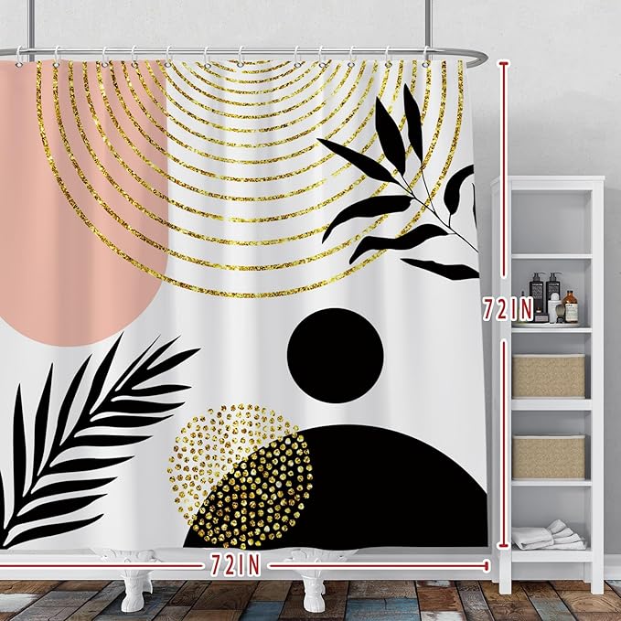 Baocicco Mid Century Shower Curtain Boho Sun Plant Leaves Modern Abstract Gold Geometric Shower Curtains for Bathroom Bathtubs Waterproof Fabric Shower Curtain with Hooks 72x72 Inches