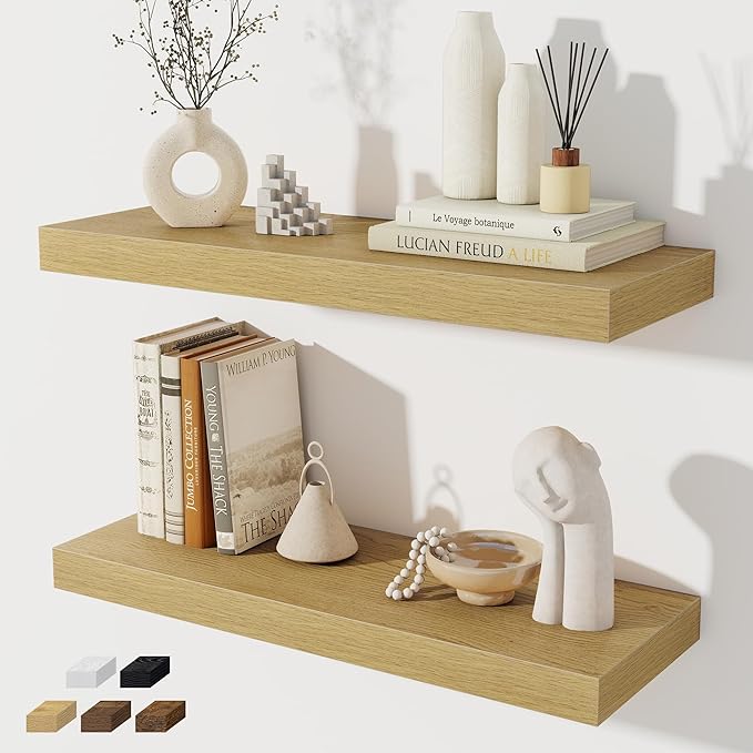 Floating Shelves for Wall, 24 Inch Floating Shelves Set of 2, Wall Mounted Rustic Wood Shelf for Bathroom, Living Room, Bedroom and Kitchen, Hanging Shelf for Storage, Books, Home Decor, Oak