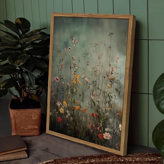 Vintage Wildflower Wall Art, Green Flower Wall Decor Painting, Hand Drawn Sandstone 3D Textured Farmhouse Botanical Nature Landscape Artwork for Living Room Bedroom 12x16 inch Wood Framed