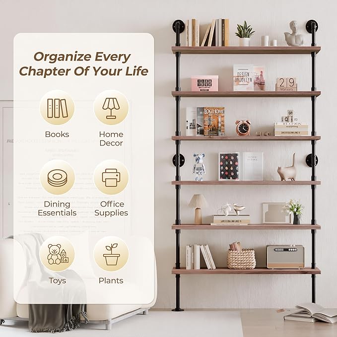 Industrial Ladder Pipe Shelf, Wall Mounted Wood Metal Bookshelf for Living Room Storage (Weathered Brown, 6 Tier - 10" D x 48" W x 82.5" H)