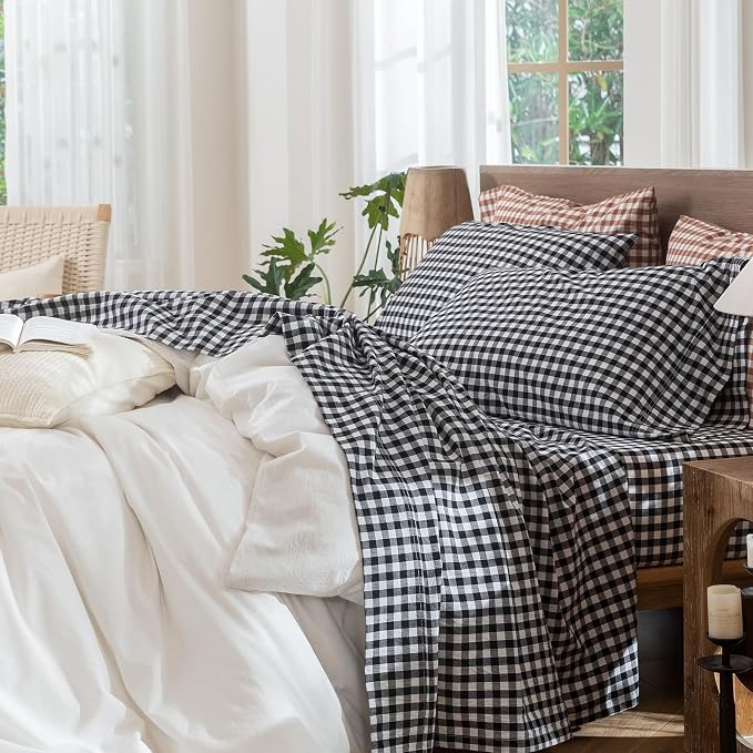 MooMee Gingham Sheet Set 100% Washed Cotton Linen Like Textured Breathable Soft w/Fully Elasticized 16-19" Deep Pocket (Classic Gingham Black White, Queen)