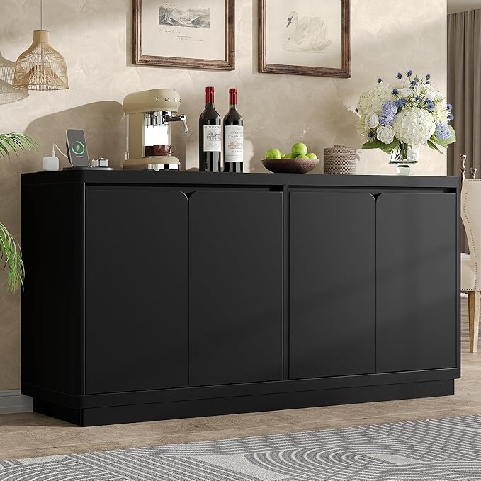 Buffet Cabinet with Storage, Outlet & Adjustable Shelves, Sideboard Cabinet with Double-Arc Doors, Classic Modern Wood Console Table & Credenza for Dining Room & Entryway
