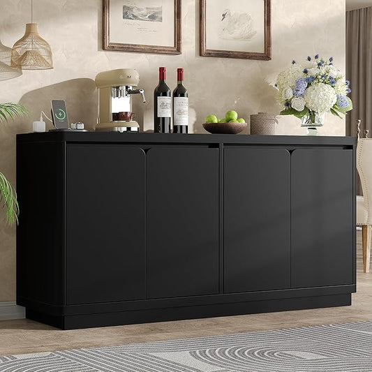 Buffet Cabinet with Storage, Outlet & Adjustable Shelves, Sideboard Cabinet with Double-Arc Doors, Classic Modern Wood Console Table & Credenza for Dining Room & Entryway