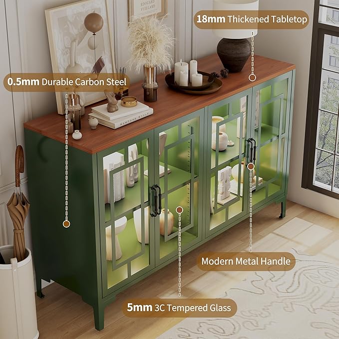 53" Glass Sideboard Buffet Cabinet with COB Lights, Adjustable Shelves, Modern Metal-Wood Buffet Table with Storage, Lighted Coffee Bar Display Cabinet for Dining Room Kitchen, Green