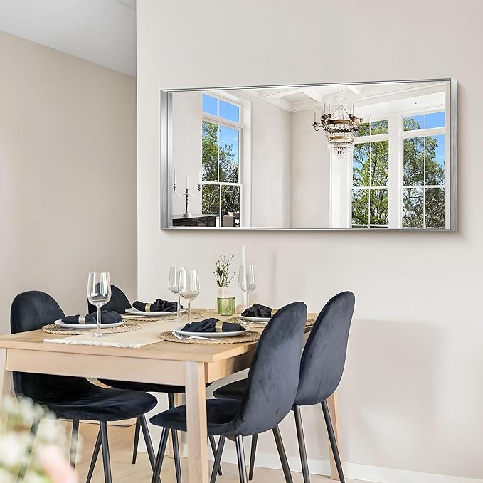 CIRCUMI Silver Bathroom Mirror, 24"x48" Rectangular Mirror with Deep Metal Frame, Brushed Finish, Tempered Glass, Large Mirror for Wall, Over 2 Sinks, Installed Vertically/Horizontally, Crystal-Clear