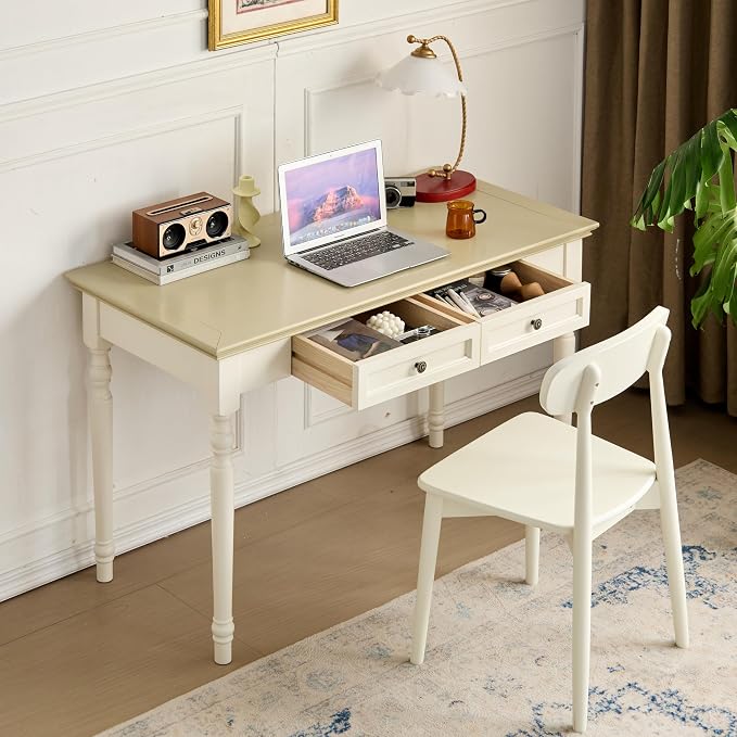 Beige Writing Desks with Drawers, 47" Solid Wood French Country Style Computer Table for Home Office, Living Room Study or Workspace