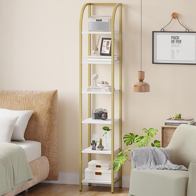 Hzuaneri Bookshelf Bookcase Narrow Bookcase Shelf Organizer with Steel Frame for Study Living Room Bedroom Kitchen Home Office Industrial Bookshelf 6-Tier White Gold BC56013A