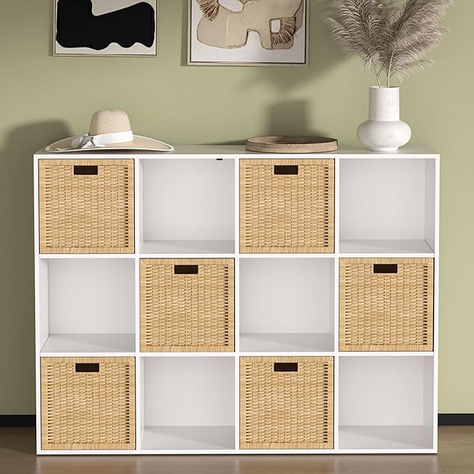Wooden 12 Cube Storage Organizer with Closed Back Panel,White Cube Shelf Cubby Storage Organizer with Compartments for Living,Bookshelf, Easy to Install (White, 12-Cube-11in)