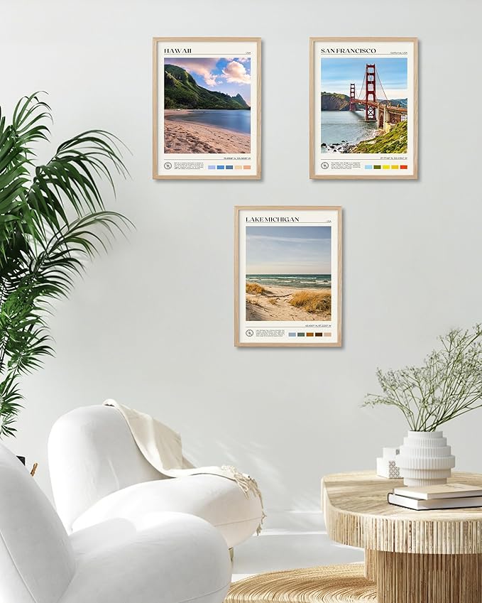 HesenDot Natural OAK Wood Lake Michigan Framed Wall Art,12x16in Natural Scenery Canvas Wall Print,Classic Urban City Landmark Wall Decor for Living Room,Bedroom,Office Gallery Gifts Set of 1