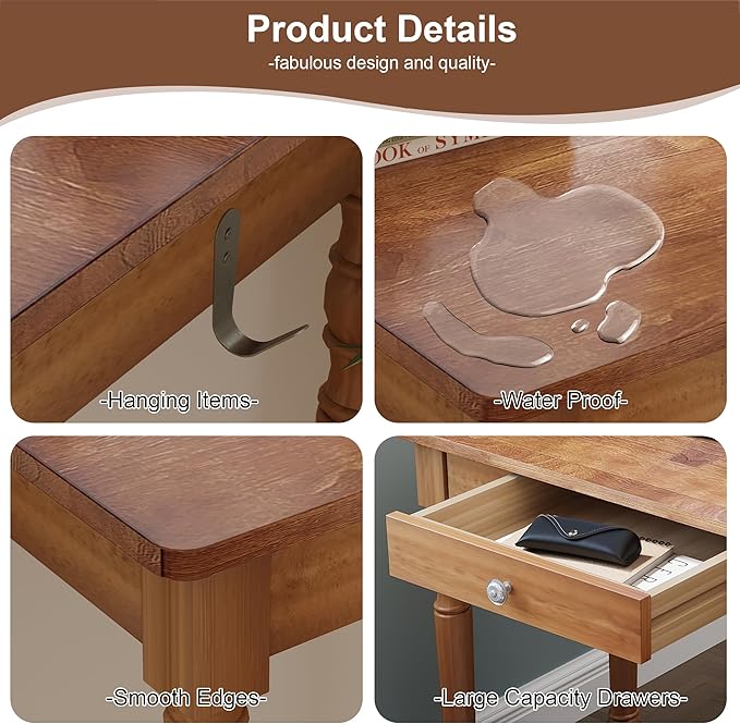 100% Solid Wood Desk with Drawers, 31 x 16 Inch Narrow Mid Century Modern Desk, Vintage Small Wooden Writing Table for Small Spaces Bedroom, Living Room, Office