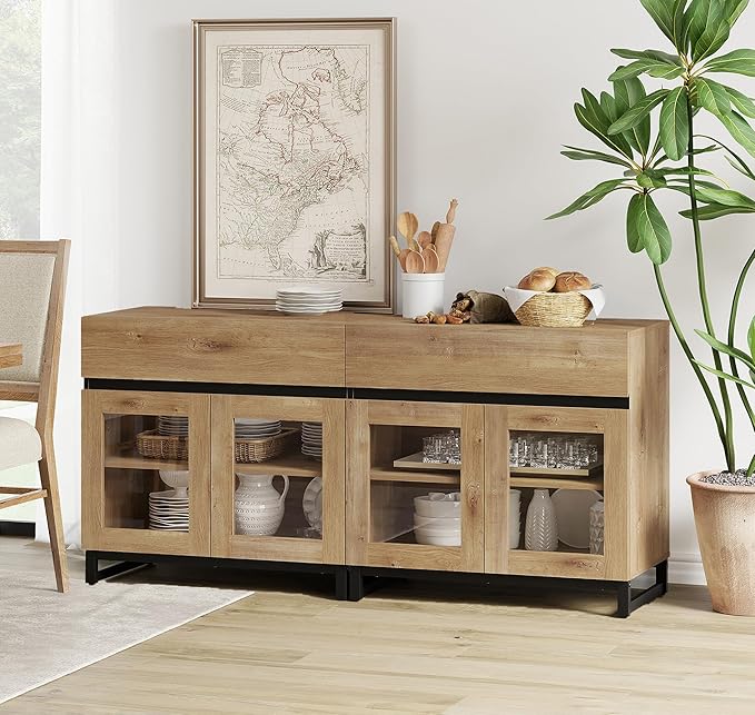 WAMPAT 63'' Multifunctional Sideboard Buffet Cabinets with 4 Glass Doors and and 2 Drawers, Modern Sideboard Credenza, Coffee Bar Storage Cabinet for Living Room, Kitchen, Oak