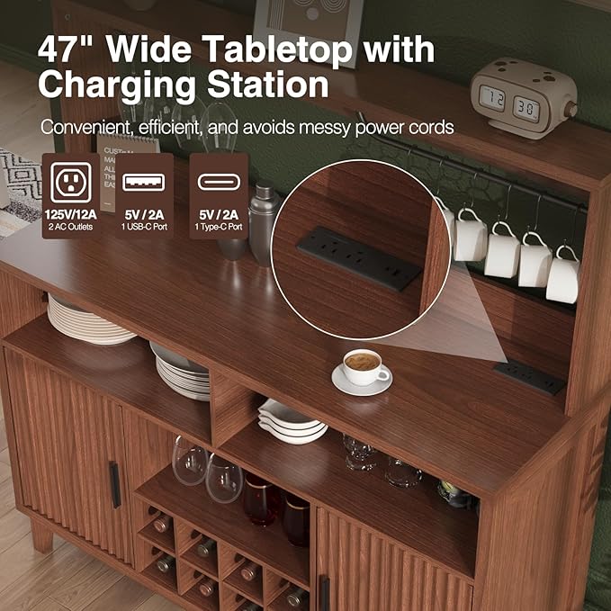 Fluted Buffet Cabinet with Storage, Modern Coffee Bar Cabinet with Outlet, Removable Wine Rack, Multi-Functional Accent Liquor Cabinet for Living Room, Entryway, Kitchen, Walnut