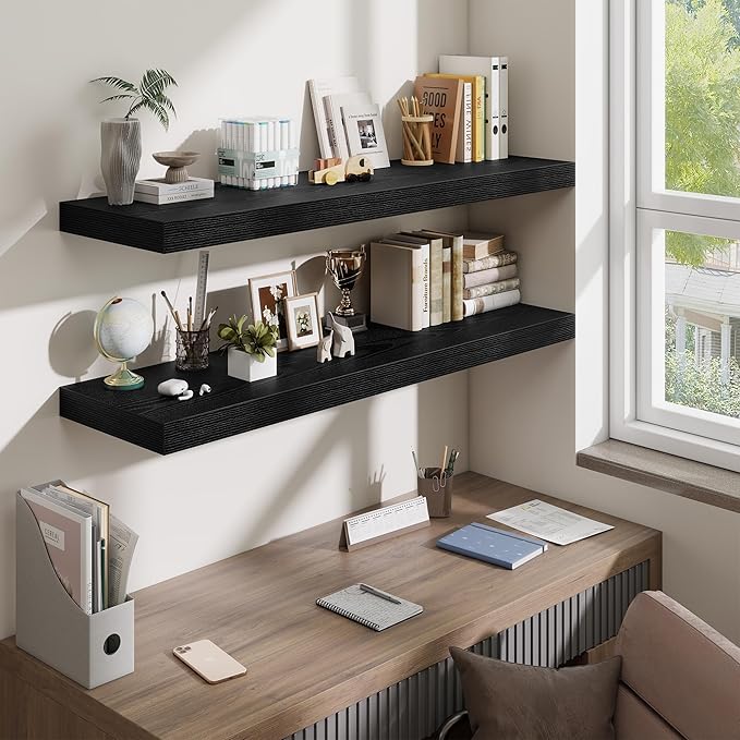 Fun Memories 48 Inch Floating Shelves for Wall - 12 Inch Deep Fireplace Mantel Shelf - Wood Floating Shelf for Wall - Large Storage Shelves Wall Mount for Living Room & Bedroom - Black - Set of 2