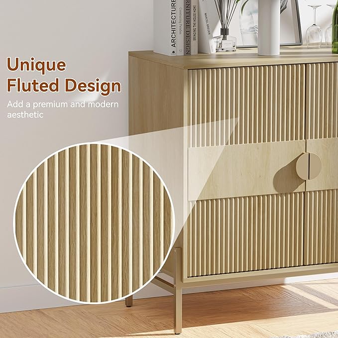 30.7" Accent Cabinet, Modern Buffet Cabinet with Gold Metal Legs, Fluted Sideboard for Dining Room, Kitchen, Oak