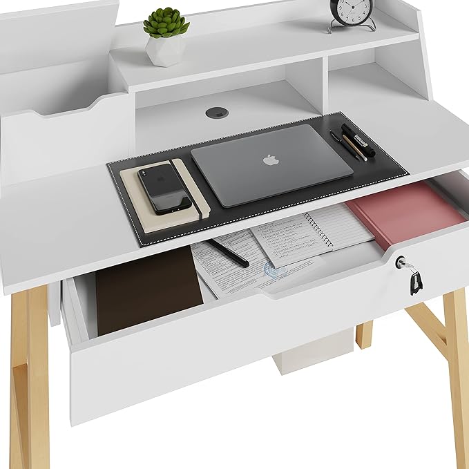 Modern Design Roma Small Desk for Bedroom, 40 inch White Writing Desk with Hutch and Locking Drawer, by Crafts and Comfort