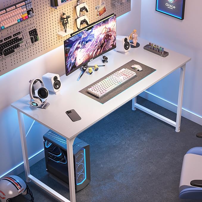 Huuger Computer Desk, 48 Inch Office Desk, Gaming Desk with Storage, Writing Desk Work Desk for Home Office, Study, Modern Simple Desk, Large Legroom, Metal Frame, White