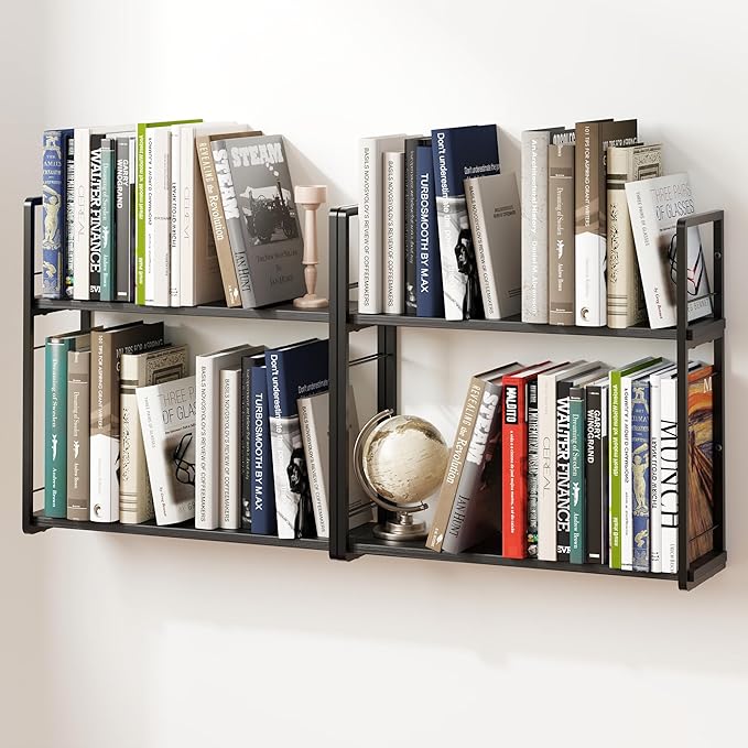 2-Layer Wall Bookshelf for Book Storage, Floating Book Shelves for Wall, Space Saver, 16in Stud Hanging Books helf, Bedside Shelf for Living Room Bedroom Office Coffee Corner, 2 Packs-Black