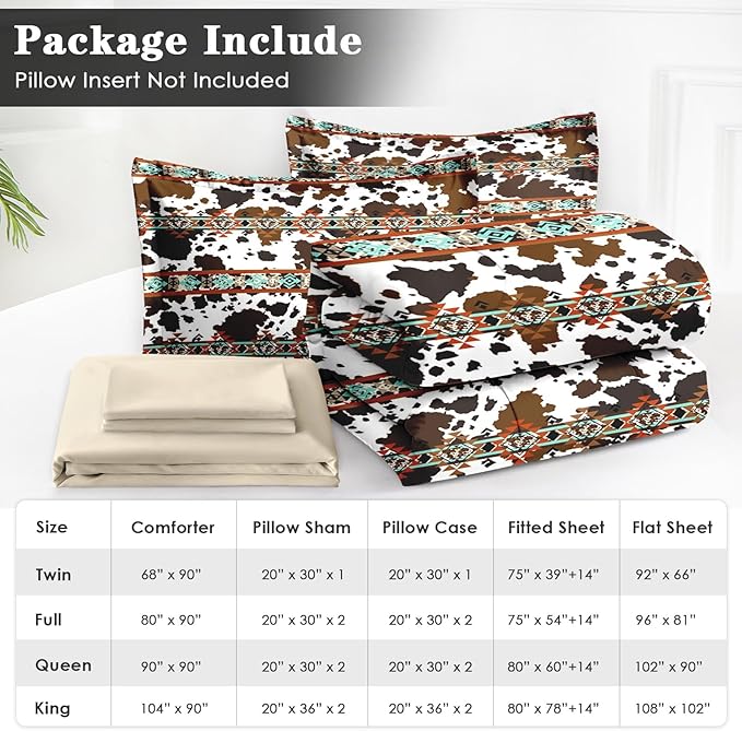 WeCozy 5 Pcs Twin Size Comforter Set with Pillowcase & Sham, Cow Print Brown Cowhide Bedding for Kids and Adults, Vintage Retro Bed in a Bag with Flat Fitted Sheet