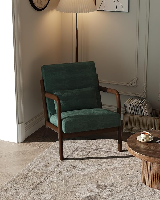 Garvee Mid-Century Modern Accent Chair, Chenille Upholstery, Solid Wood Armchair with Removable Lumbar Pillow, Sturdy Reading Chair for Living Room, Bedroom, Guest Room, Easy Assembly, Green