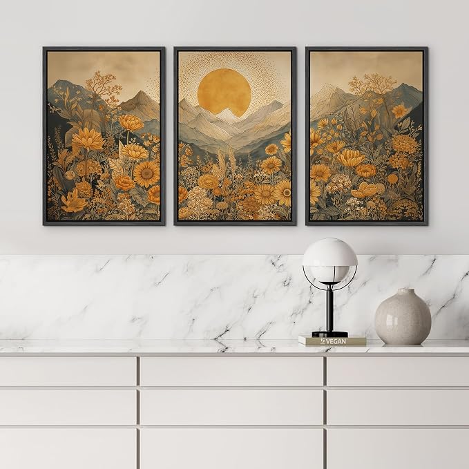 wall26 Framed Print Wall Art Set Boho Sunflower Mountain Vintage Yellow Floral and LandscapeDecorative Minimal Relax/Zen for Living Room, Bedroom, Office - 16"x24"x3 BLACK