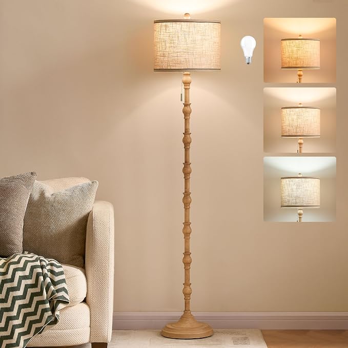 63.5'' Floor Lamps for Living Room, Farmhouse Floor Lamp for Bedroom with 3 Color Temperatures, Vintage Standing Lamps for Living Room, Living Room Light, Chain Switch, Bulb Included, Cream