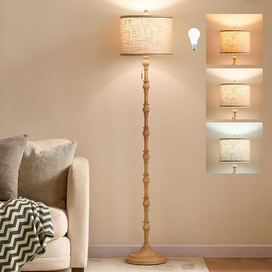 63.5'' Floor Lamps for Living Room, Farmhouse Floor Lamp for Bedroom with 3 Color Temperatures, Vintage Standing Lamps for Living Room, Living Room Light, Chain Switch, Bulb Included, Cream