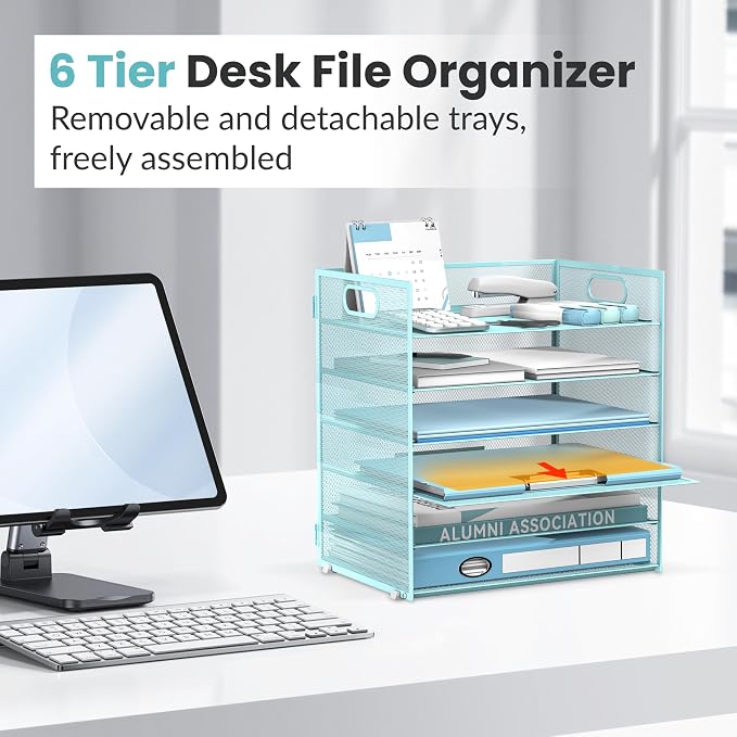 Daltack 6 Tier Paper Organizer for Desk, Paper Letter Tray Organizer for Desks, Mesh Desk File Organizers with Handle for Office, Home, School, Blue