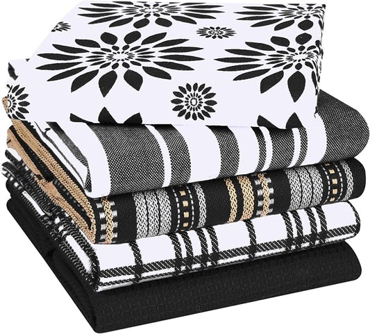 Assorted Kitchen Towels Large 16x26 inches 100% Cotton Set of 5 - Soft Absorbent Washable Tea Towel for Kitchen - Dish Cloths with Hanging Loop - Quick Drying Dish Towels Black