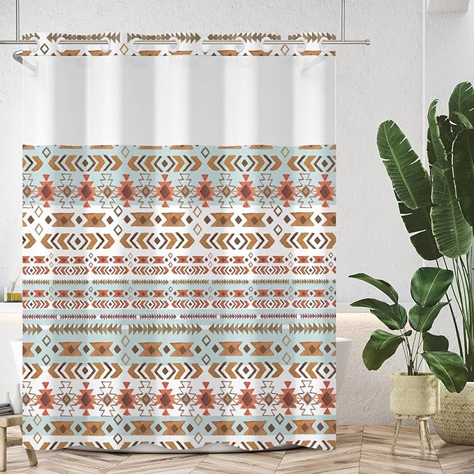 Boho Shower Curtain with Snap in Liner No Hook Mid Century Abstract Curtains for Bathroom Decorations Arch Sun Palm Leaf Waterproof Fabric Bath Accessories Washable 71x74 Inch