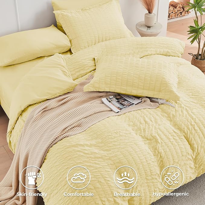HYMOKEGE Yellow Queen Comforter Set Seersucker 7 Pieces, All Season Luxury Bed in a Bag Queen for Bedroom, Bedding Set with Comforter, Sheets, Pillowcases & Shams