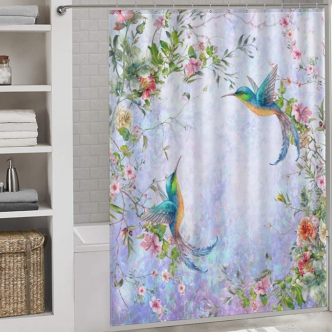Hummingbird Flower Shower Curtain for Girls,Purple Watercolor Floral Bird Nature Plant Waterproof Shower Curtains for Bathroom Decor 12 Pack Hooks 66x72in（168x183cm）