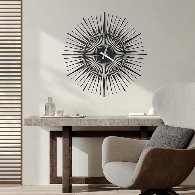 Sun Rays Wall Clock, Large Metal Decorative Wall Clock, Modern Minimalist Wall Decor (Black, Medium)