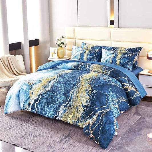 PERFEMET 6 Piece Queen Bed in A Bag Set Blue and Gold Comforter Sets Watercolor Marble Bedding Comforter with Sheets Soft Abstract Retro Capri Blue Bedding Set for All Seasons(Capri Blue, Queen)