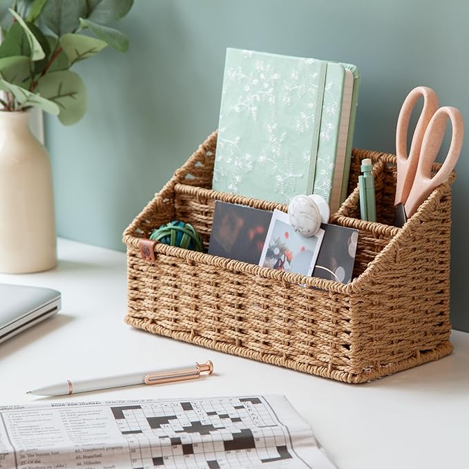 U Brands Woven All-in-1 Desk Organizer, Rattan-Inspired Wicker Style Office Organization Supplies, 1 Count, Brown
