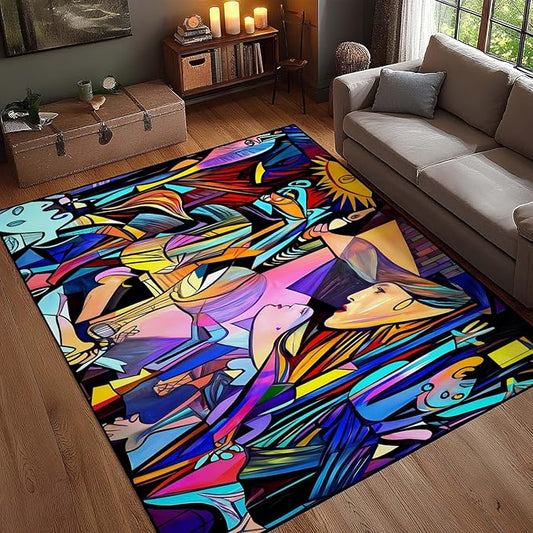 10x12 Colorful Guernica Rug, Abstract Pablo Picasso Rug, Abstract Rugs for Living Room, Modern Rugs, Large Colorful Graffiti Carpet, Non Slip & Faux Cashmere Washable Carpet
