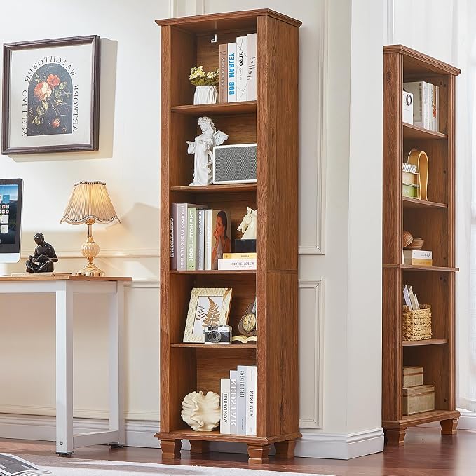 SAVOR LIFE 70" Tall Narrow Book Shelf, Wood Skinny Bookshelf with Adjustable Shelves & Wooden Legs, Farmhouse Bookcase w/5-Tier Storage, Free Standing Bookshlves for Office, Living Room, Brown, 2PCS