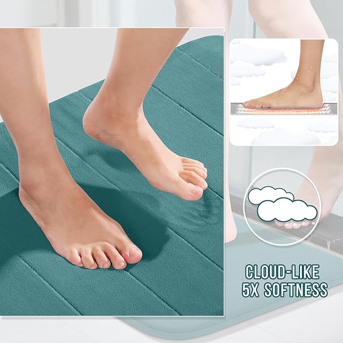 Yimobra Teal Bath Mat 31.5x20 Inch, Super Soft Absorbent Memory Foam Bathroom Rug Non Slip, Quick Dry, Machine Washable Floor Carpet for Tub Shower, Home Decor Accessories