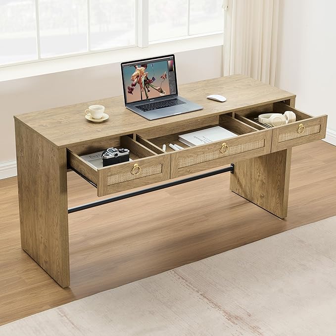 SICOTAS 60" Rattan Computer Desk Writing Table with Storage: Long Home Office Desk with 3 Drawers, Farmhouse Executive Desk Console Table Living Room, Office (Carbon Cherry, 2 Pieces)