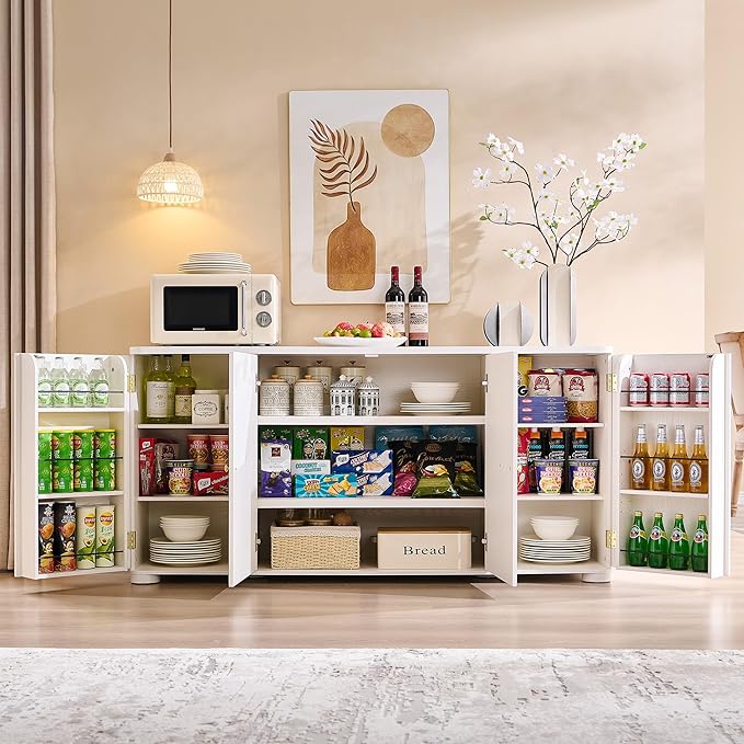 Curved Buffet Cabinet with Doors, 66" Large Sideboard Buffet Storage Cabinet with 4 Doors and Shleves, Modern Coffee Bar Station Wood Kitchen Table for Kitchen, Dining Room, White