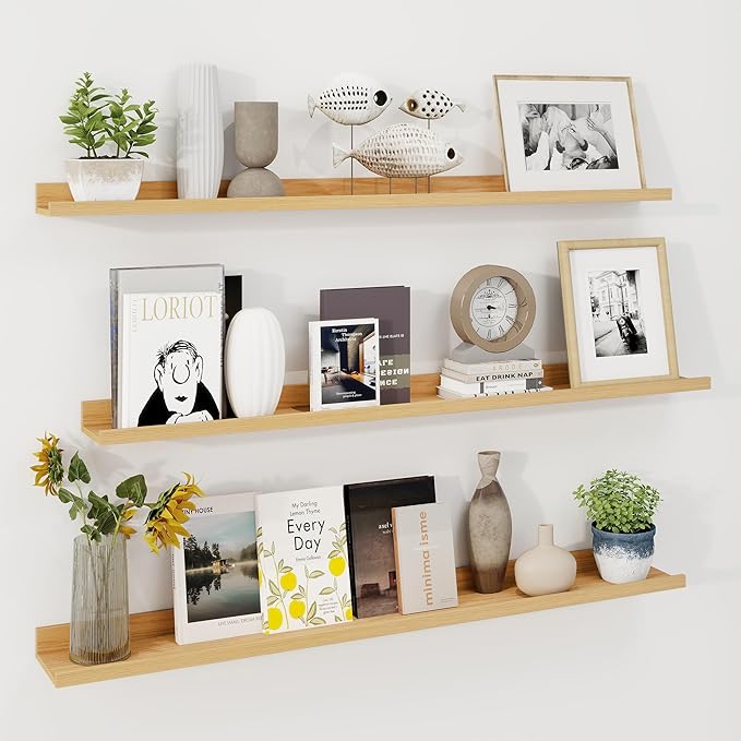 Axeman 48 Inch Floating Shelves with Lip, Set of 3 - Oak - Wall Mounted Shelves for Storage and Display - Engineered Wood - 22 lbs Weight Capacity