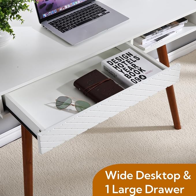 GarveeHome 42 in Mid Century Home Office Writing Desk, Modern Simple Computer Desk with Drawer and Open Storage Cubby, Small Vanity Table Desk for Bedroom, White