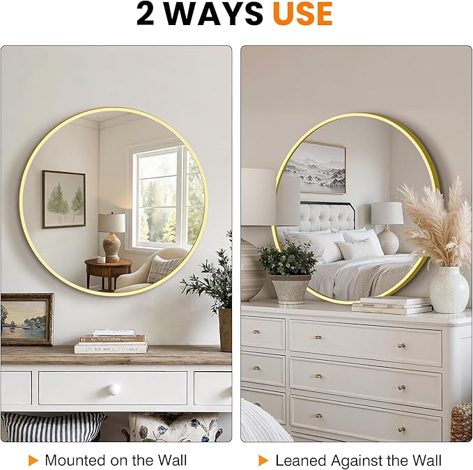Round Bathroom Mirror for Wall, 2 Pack 22 inch Circle Bathroom Mirrors for Over Sink, Modern Circular Metal Frame for Vanity, Entryway, Bedroom, Living Room(Gold)