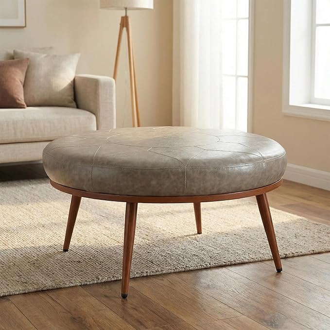 Elegant Round Ottoman Coffee Table - PU Leather Fabric, Metal Frame, Thick Cushioned Tabletop for Living Room, Therapy Room, or Style Lovers - Perfect as Coffee Table, Footstool, or Chair-Grey