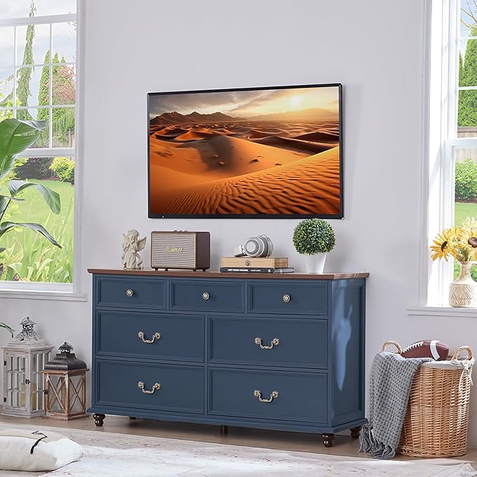 Farmhouse 7 Drawers Dresser Sets of 2 for Bedroom, Navy Blue 54 Inch Wide Chest of Drawers w/ 4 Wooden Legs, Large Vintage Rustic Closet Dressers for Living Room, Wood TV Stand