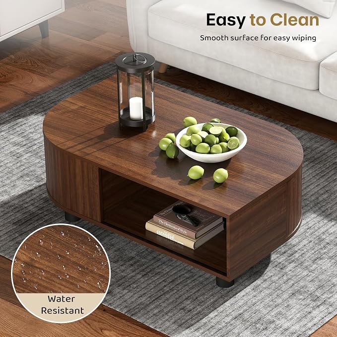 Mid-Century Modern 39.4" Coffee Table - Leaf-Shaped Wood Center Table with Storage, Retro Fluted Central Table with Sliding Door for Living Room, Office, Walnut