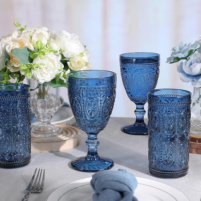 abrwyy Blue Wine Glasses set of 4, Blue Goblets, Vintage Drinking Glassware, Colored Glassware Set for Party Home Wedding Baby Shower