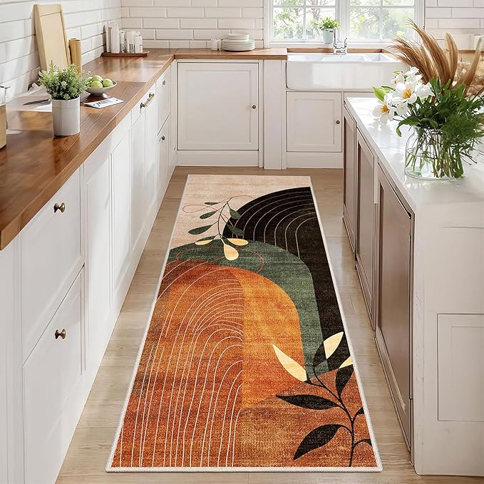 MUJOO Washable 2x6 Runner Rugs for Kitchen Hallway Bedside Bathroom Laundry Room Bedroom Floor,Boho Long Area Rug Non Slip Carpet Throw Rug Mid Century Modern Abstract Botanical Geometric Terracotta