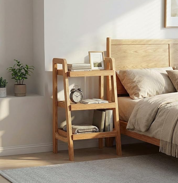 100% Solid Wood 3-Tiers Ladder Shelf, Small Bookcase, Ladder Bookshelf, End/Side Table for Living Room, Display Storage Open Shelf for Bedroom Kitchen Bathroom (Natural Color)