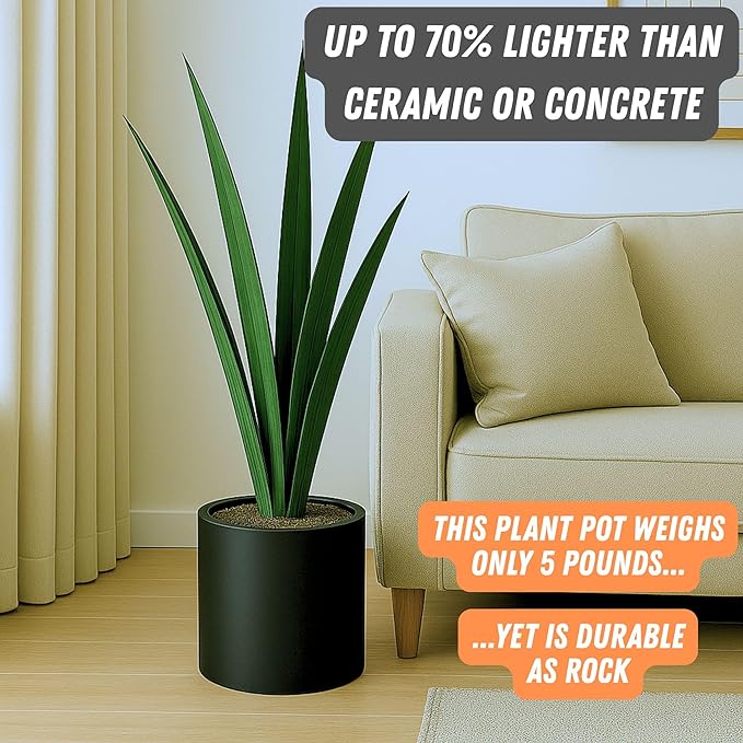 Fox & Fern Large Indoor Planter, Modern Large Plant Pot for Indoor or Outdoor, UV and Frost Resistant - 10 Inch, Fiberstone, Matte Black Flower Pot with Drainage Plug, Lightweight