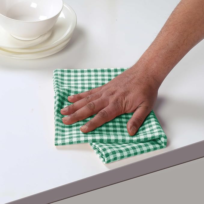 4 Pack Gingham Check Kitchen Dish Towels 16x26 Inches, Absorbent & Durable, Washable, Hand Tea Towels with Hanging Loop - Ideal for Restaurants & Home Kitchens, Green White